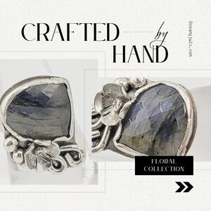 LABRADORITE FLORAL RING HANDMADE IN STERLING SILVER METAL SIZE 8.5